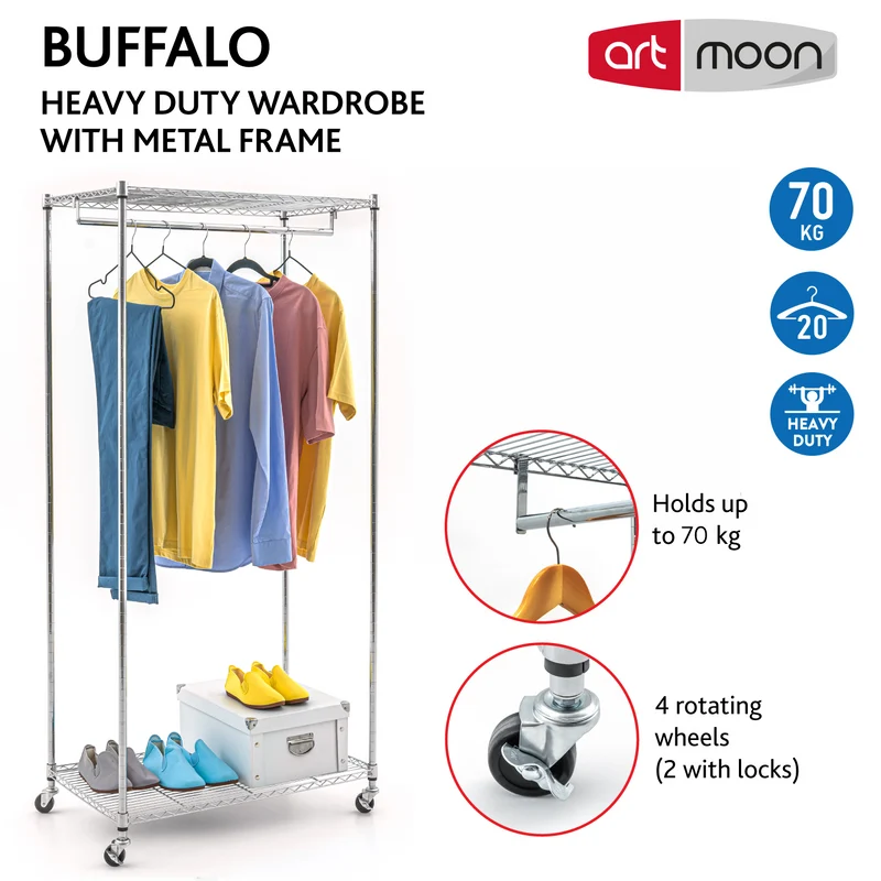 art moon Buffalo - Armoire sur Roues, Tringle à Vêtements Robuste avec 2 Etagères, Portant à Vêtements