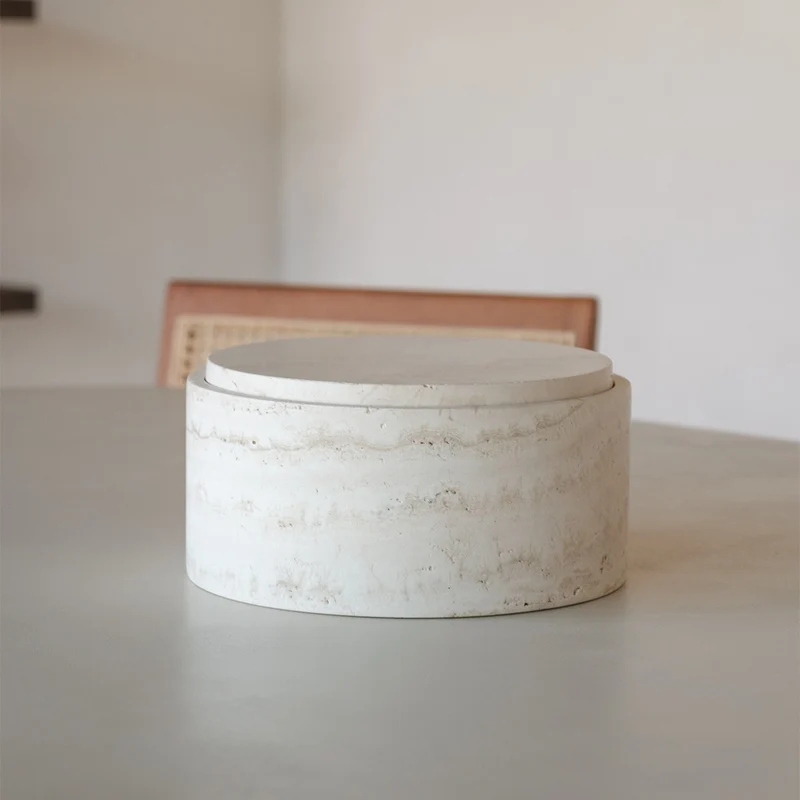 Bol de rangement en travertin avec couvercle - Grès blanc - H12 cm