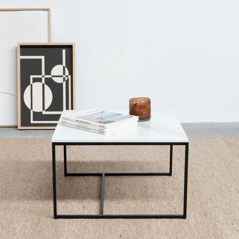 Table basse en céramique - Miles - Céramique blanche Calacatta - 55×55×35cm