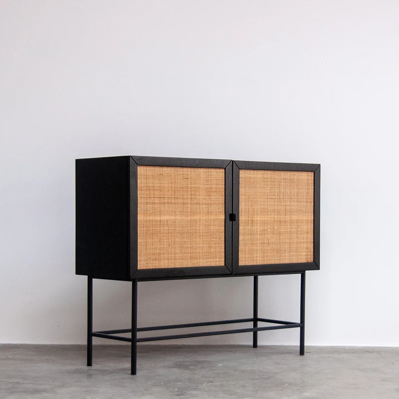 Armoire de rangement - Comino - 110×40×90cm - Noir/Rotin Naturel