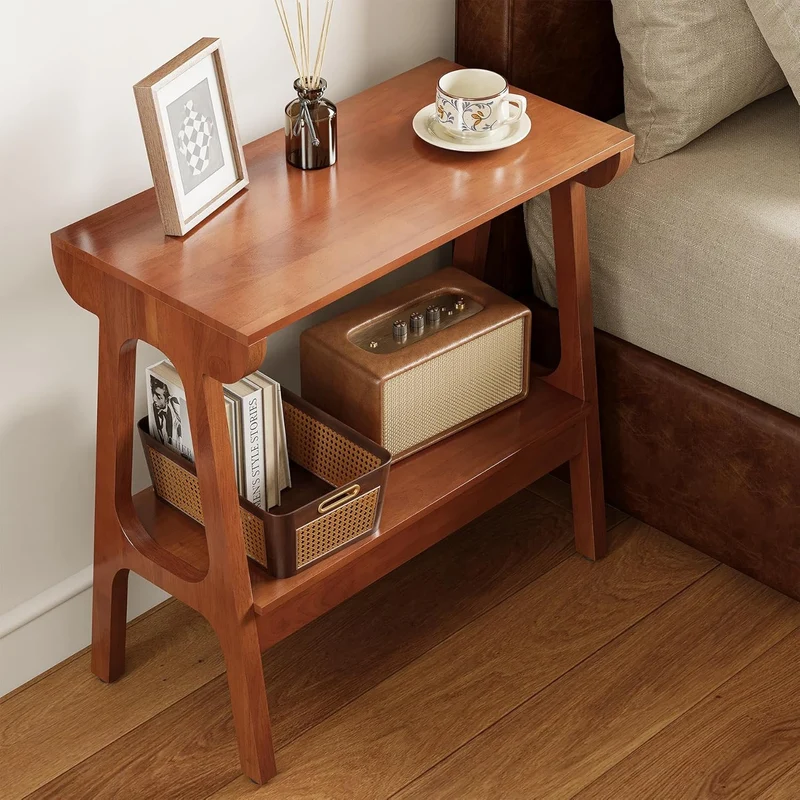 Table d'appoint en bois massif à 2 niveaux Table de chevet élancée en bois d'hévéa pour salon, chambre ou entrée