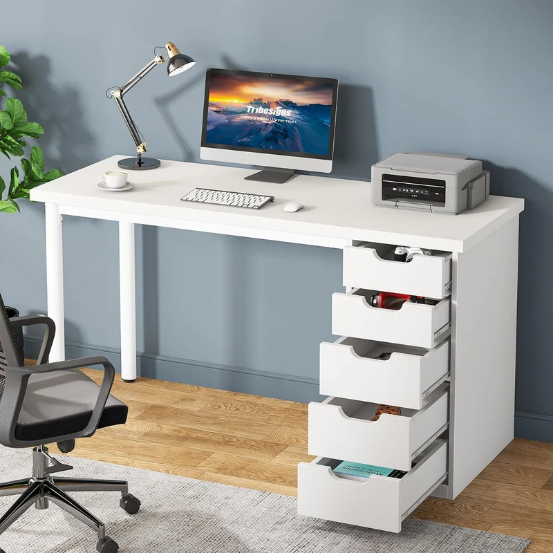 Tribesigns Bureau 120 cm avec 5 tiroirs Bureau d'ordinateur compact avec espaces de rangement