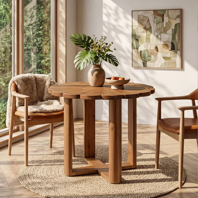 Table de salle à manger ronde en bois massif 80 cm pour 2 à 4 personnes, Style maison de campagne, avec motif floral sculpté