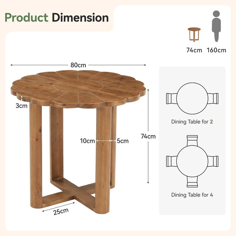 Table de salle à manger ronde en bois massif 80 cm pour 2 à 4 personnes, Style maison de campagne, avec motif floral sculpté