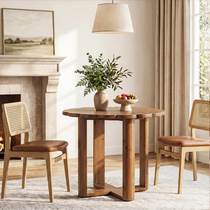 Table de salle à manger ronde en bois massif 80 cm pour 2 à 4 personnes, Style maison de campagne, avec motif floral sculpté