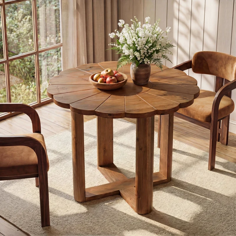 Table de salle à manger ronde en bois massif 80 cm pour 2 à 4 personnes, Style maison de campagne, avec motif floral sculpté