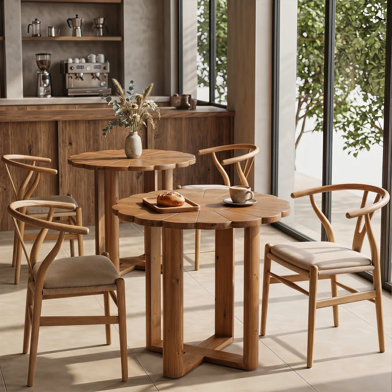 Table de salle à manger ronde en bois massif 80 cm pour 2 à 4 personnes, Style maison de campagne, avec motif floral sculpté