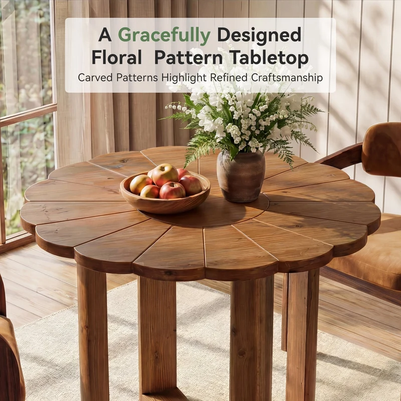 Table de salle à manger ronde en bois massif 80 cm pour 2 à 4 personnes, Style maison de campagne, avec motif floral sculpté