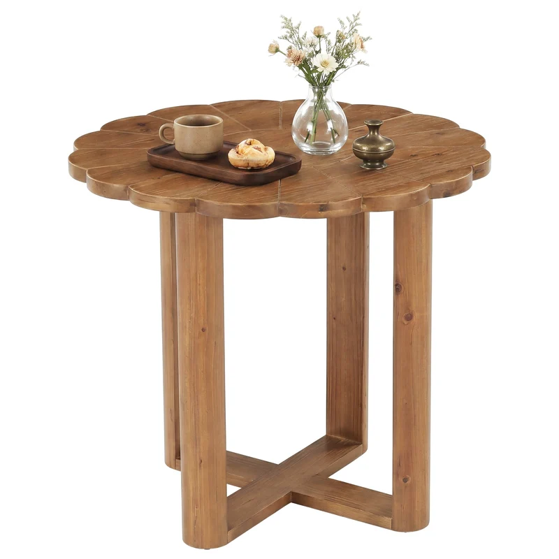 Table de salle à manger ronde en bois massif 80 cm pour 2 à 4 personnes, Style maison de campagne, avec motif floral sculpté