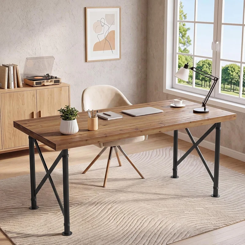 Bureau en bois massif 160 cm, Bureau d'ordinateur style industriel avec pieds en métal en X