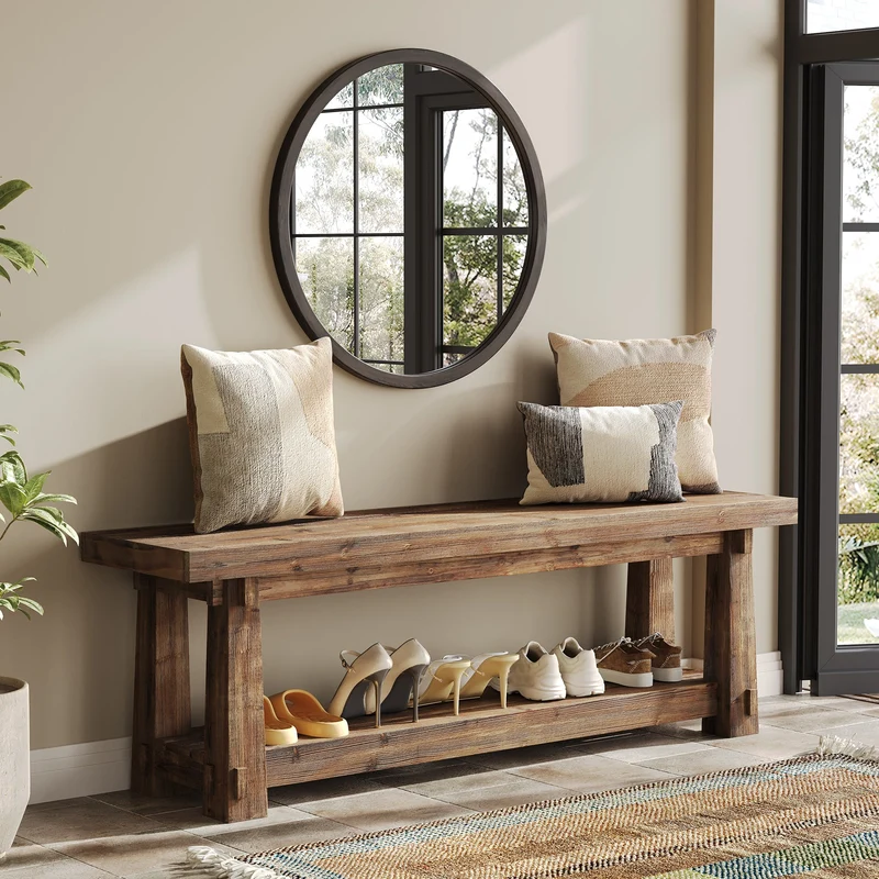 Tribesigns Banc en bois massif avec rangement à chaussures, Banc d'entrée de 140 cm avec étagère
