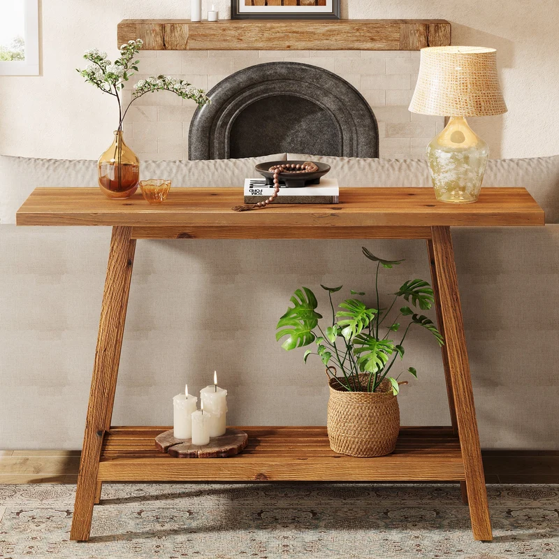Tribesigns Console en bois massif 105 cm de large avec étagère, Table basse avec rangement style champêtre