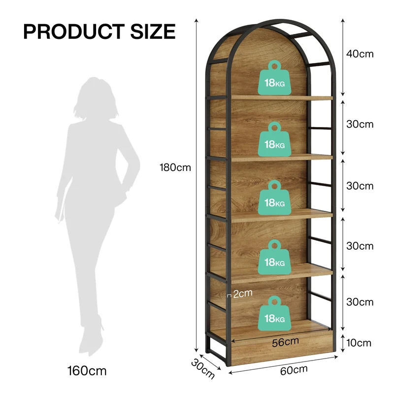 Tribesigns Bibliothèque 180 cm de haut, Étagère industrielle à 5 niveaux au design incurvé