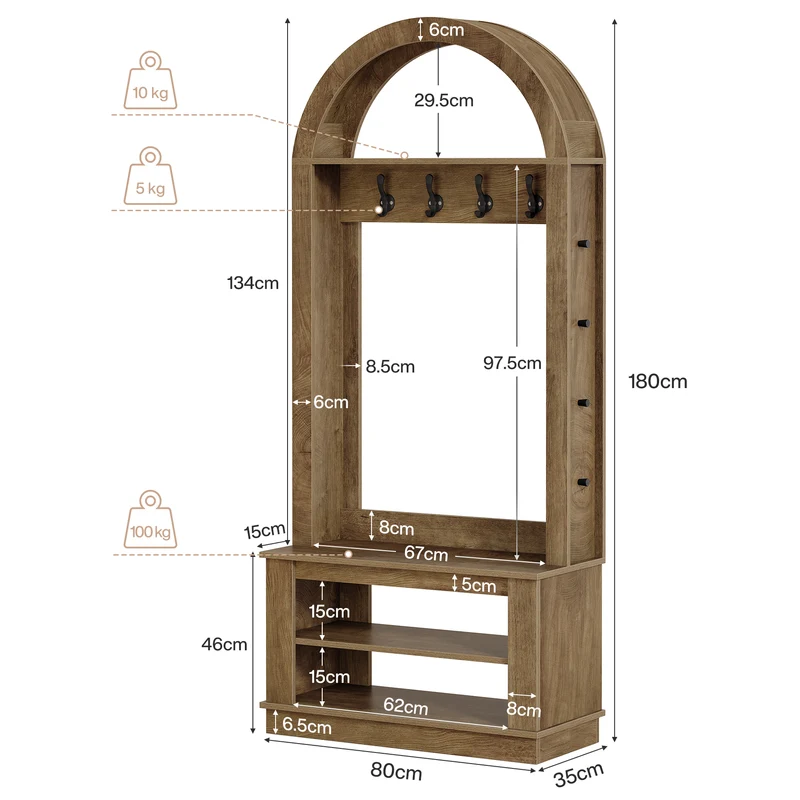 Tribesigns Meuble d'entrée avec banc porte-chaussures et 12 patères (80 x 35 x 180 cm) Design style maison de campagne avec finition texturée