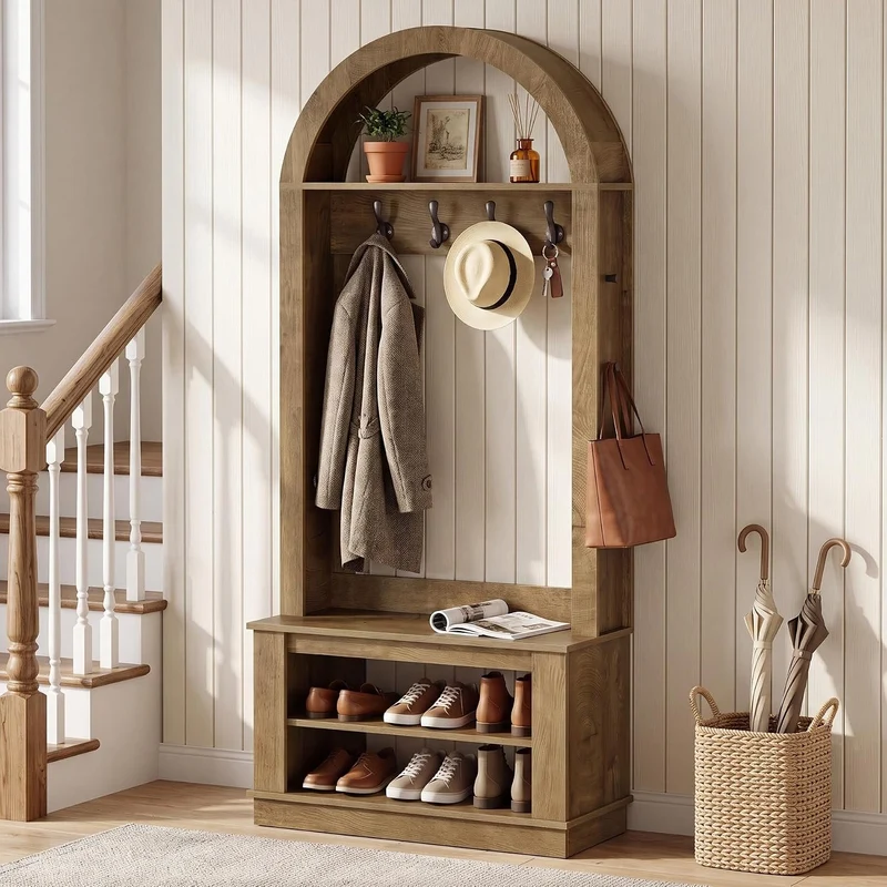 Tribesigns Meuble d'entrée avec banc porte-chaussures et 12 patères (80 x 35 x 180 cm) Design style maison de campagne avec finition texturée
