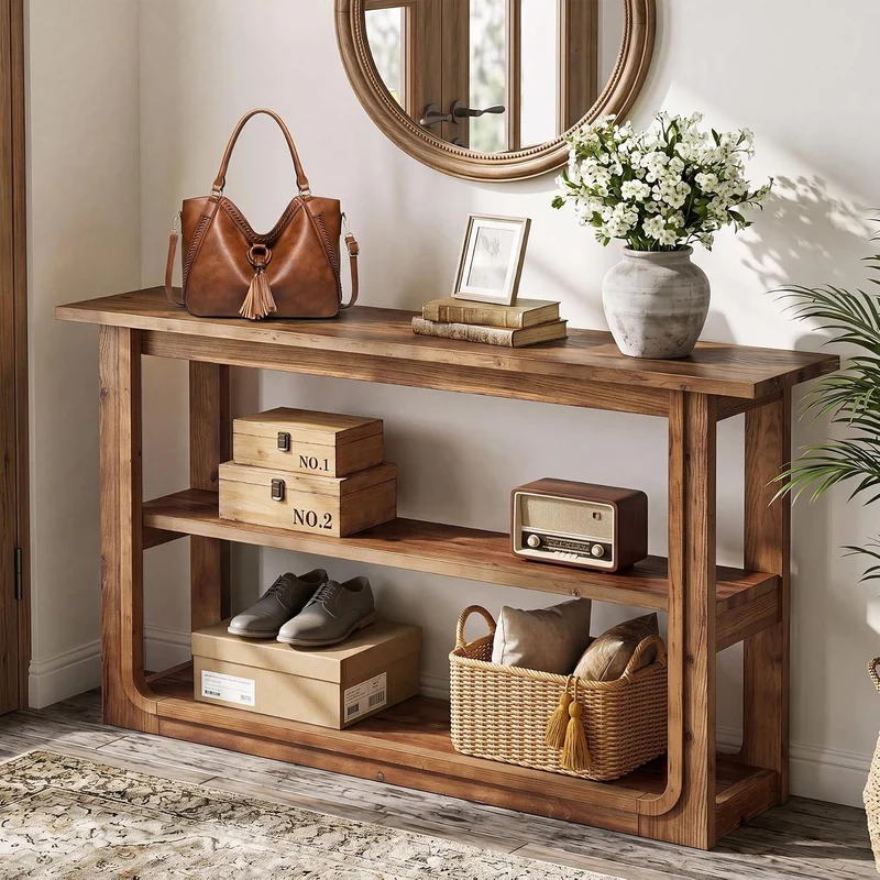 Tribesigns Console à 3 niveaux, Table d'appoint étroite en bois massif pour couloir Table de canapé rustique couleur chêne avec étagères ouvertes pour salon, hall et entrée