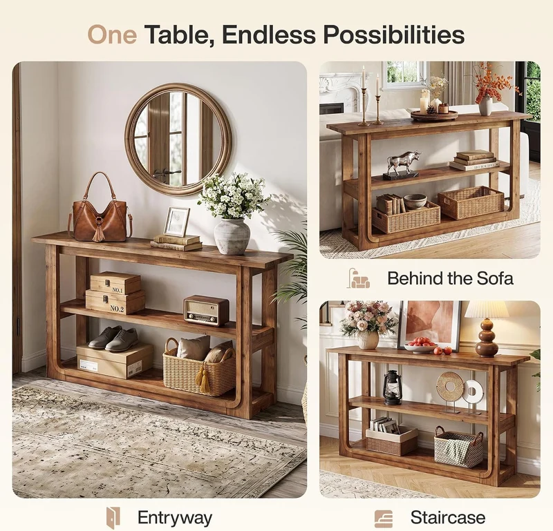 Tribesigns Console à 3 niveaux, Table d'appoint étroite en bois massif pour couloir Table de canapé rustique couleur chêne avec étagères ouvertes pour salon, hall et entrée