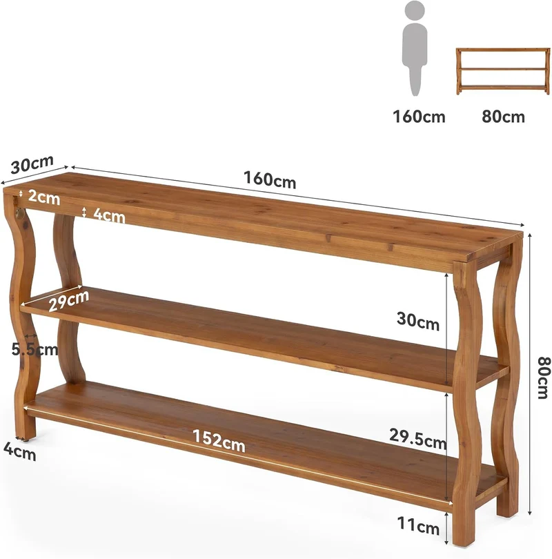 Console en bois massif à 3 niveaux avec étagères ouvertes, Table d'entrée Table de canapé ou table d'appoint de 160 cm pour couloir, salon ou derrière le canapé
