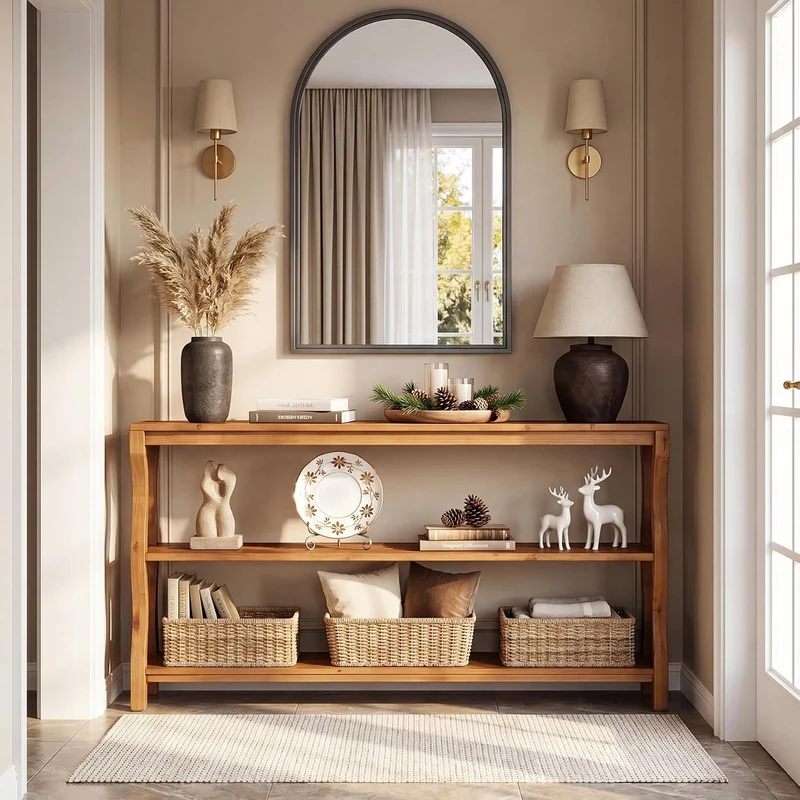 Console en bois massif à 3 niveaux avec étagères ouvertes, Table d'entrée Table de canapé ou table d'appoint de 160 cm pour couloir, salon ou derrière le canapé