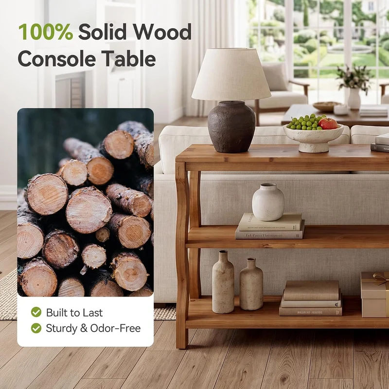 Console en bois massif à 3 niveaux avec étagères ouvertes, Table d'entrée Table de canapé ou table d'appoint de 160 cm pour couloir, salon ou derrière le canapé