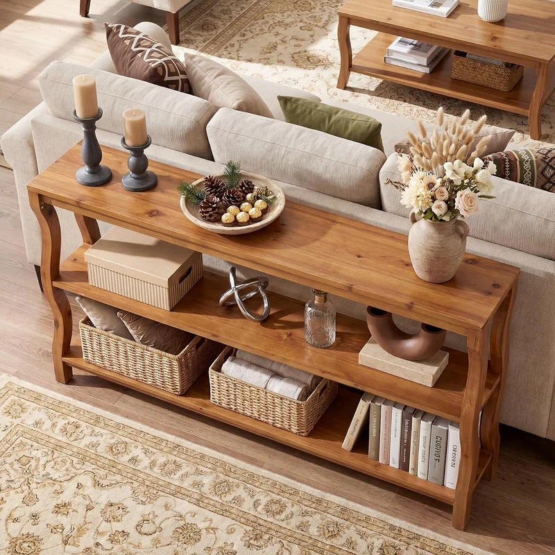 Console en bois massif à 3 niveaux avec étagères ouvertes, Table d'entrée Table de canapé ou table d'appoint de 160 cm pour couloir, salon ou derrière le canapé