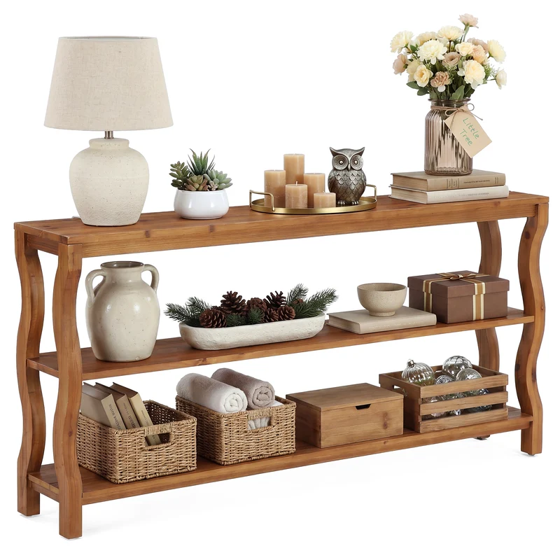 Console en bois massif à 3 niveaux avec étagères ouvertes, Table d'entrée Table de canapé ou table d'appoint de 160 cm pour couloir, salon ou derrière le canapé