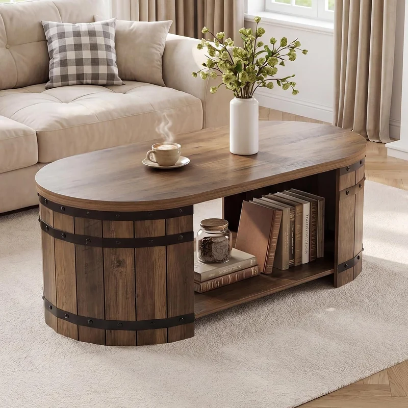 Tribesigns Table basse 120 cm avec espace de rangement, Table basse ovale avec étagère