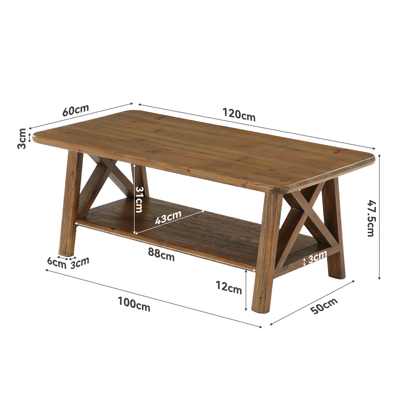 Tribesigns Table basse en bois massif style ferme, Table centrale rectangulaire de 120 cm avec étagère pour salon, appartement ou maison