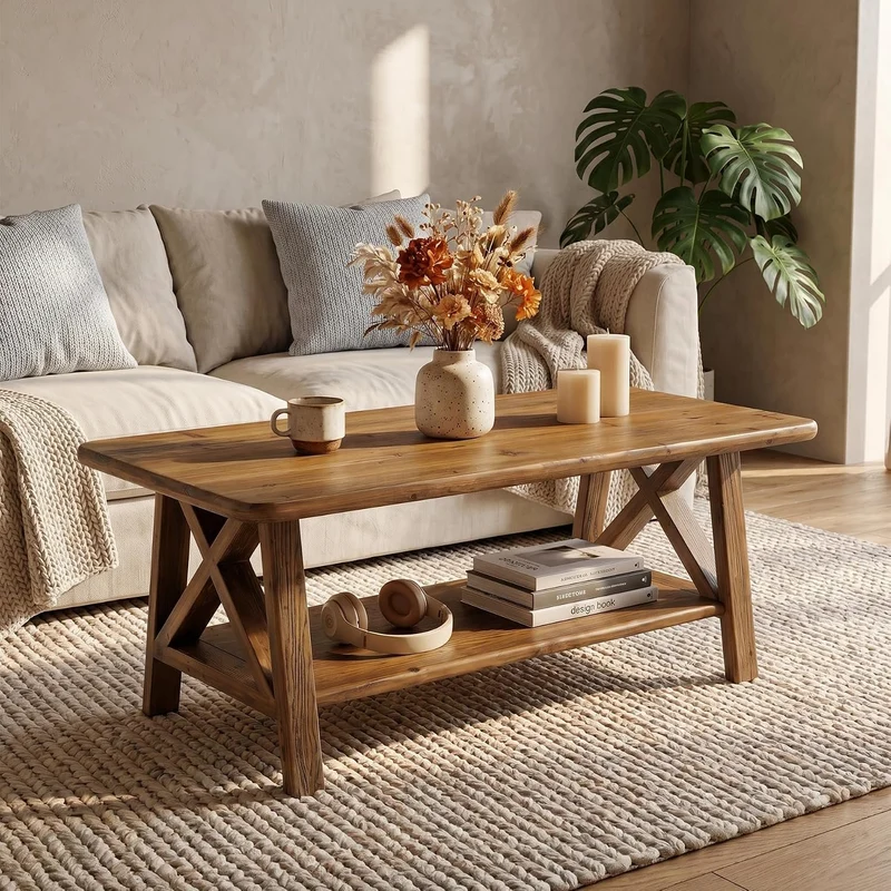 Tribesigns Table basse en bois massif style ferme, Table centrale rectangulaire de 120 cm avec étagère pour salon, appartement ou maison