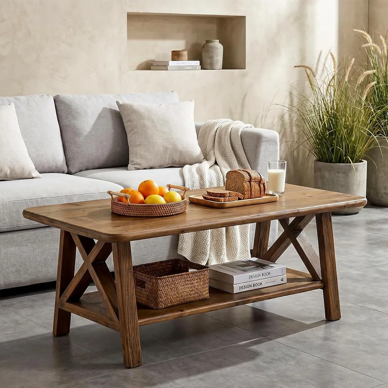 Tribesigns Table basse en bois massif style ferme, Table centrale rectangulaire de 120 cm avec étagère pour salon, appartement ou maison
