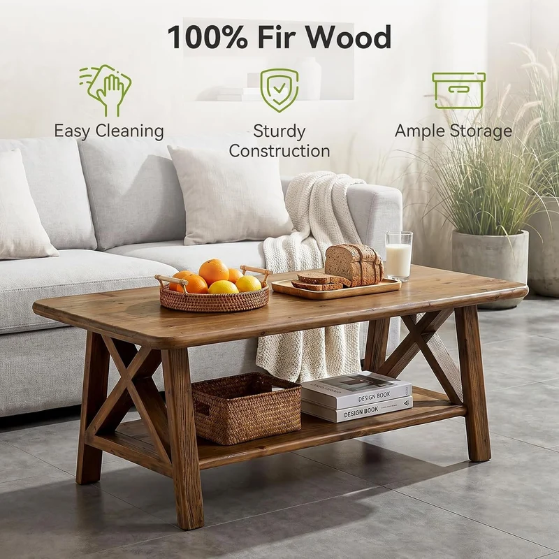 Tribesigns Table basse en bois massif style ferme, Table centrale rectangulaire de 120 cm avec étagère pour salon, appartement ou maison