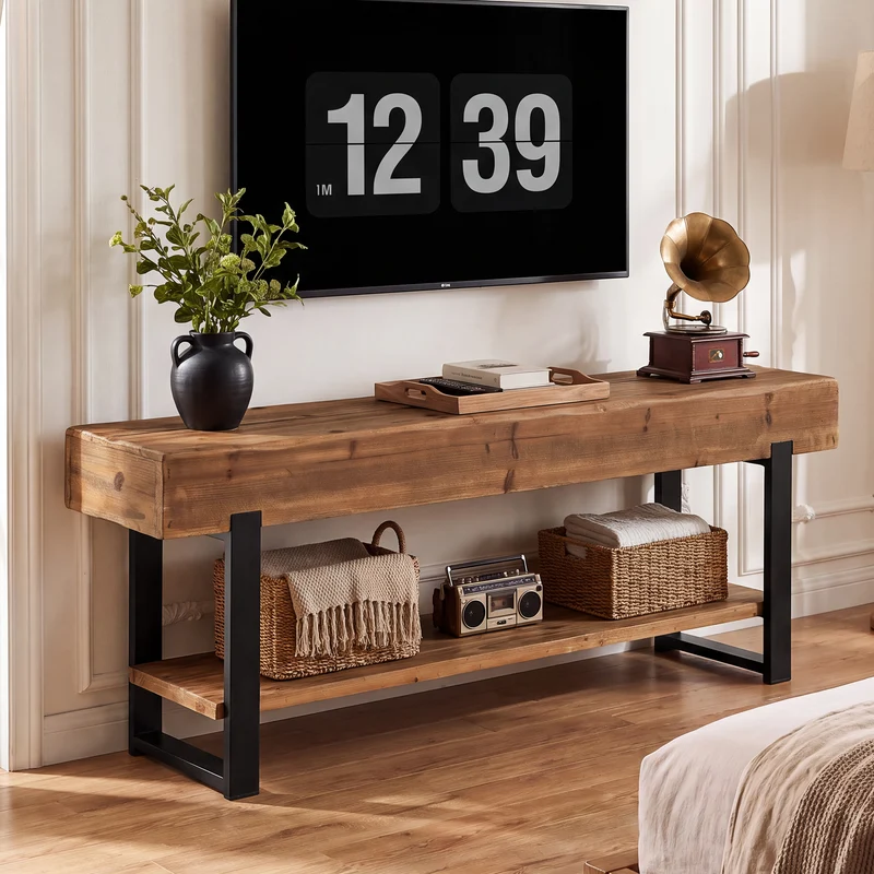 Tribesigns Meuble TV en bois massif pour téléviseurs, Meuble TV style industriel à 2 niveaux avec structure en métal