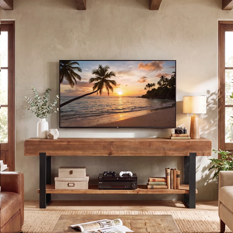 Tribesigns Meuble TV en bois massif pour téléviseurs, Meuble TV style industriel à 2 niveaux avec structure en métal