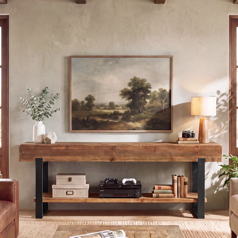 Tribesigns Meuble TV en bois massif pour téléviseurs, Meuble TV style industriel à 2 niveaux avec structure en métal