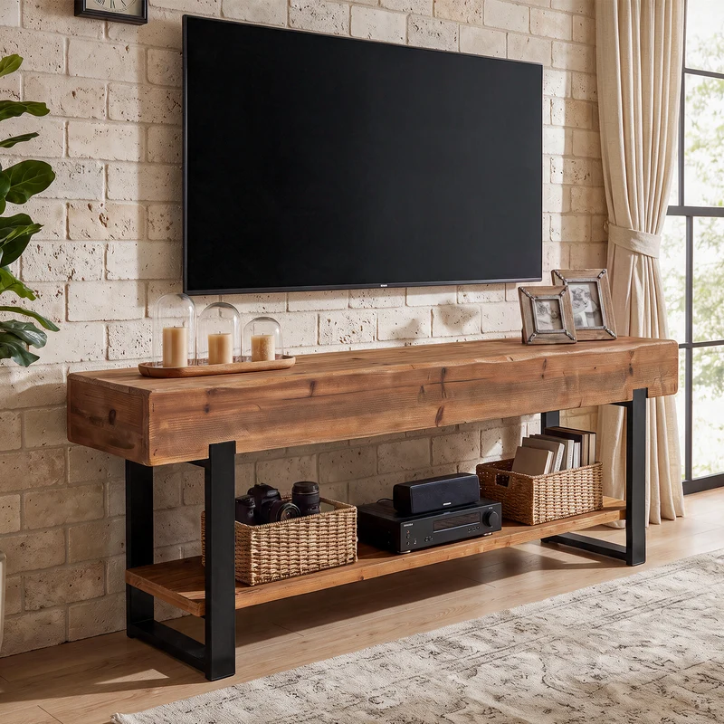 Tribesigns Meuble TV en bois massif pour téléviseurs, Meuble TV style industriel à 2 niveaux avec structure en métal