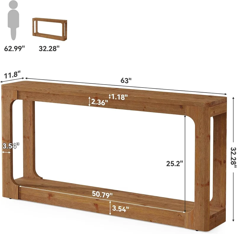 Console en bois massif de 160 cm avec rangement à 2 niveaux, Table d'entrée rustique marron de style campagnard pour couloir, entrée et salon