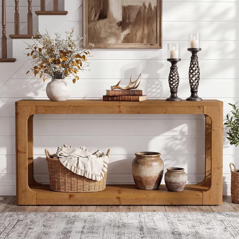 Console en bois massif de 160 cm avec rangement à 2 niveaux, Table d'entrée rustique marron de style campagnard pour couloir, entrée et salon