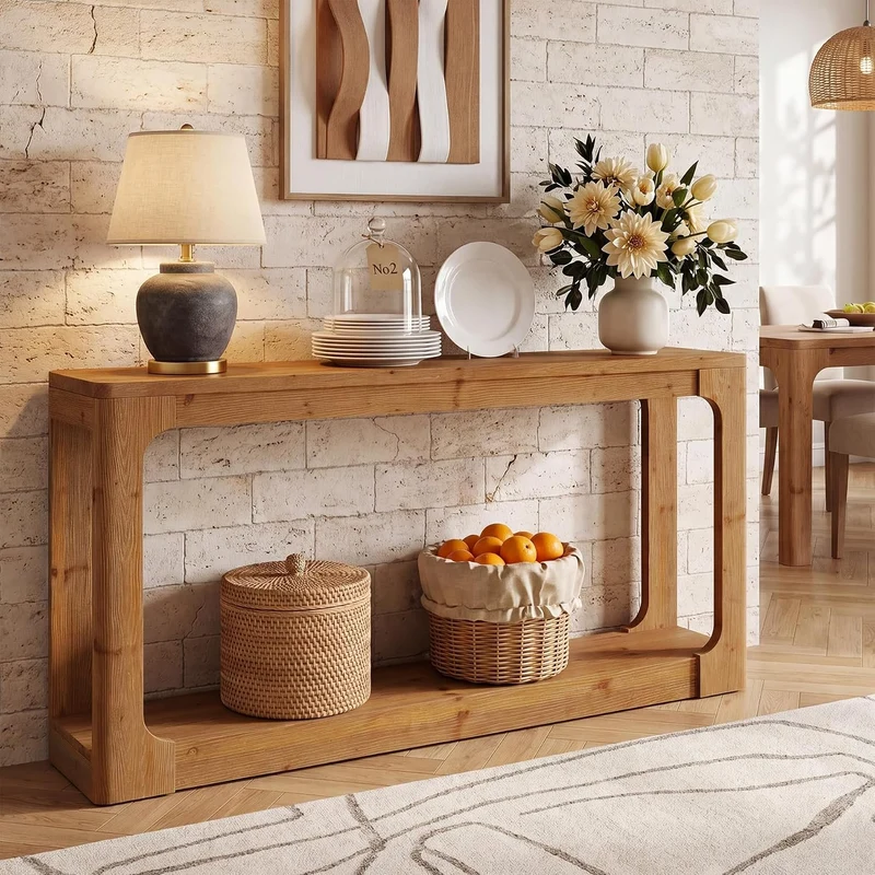 Console en bois massif de 160 cm avec rangement à 2 niveaux, Table d'entrée rustique marron de style campagnard pour couloir, entrée et salon