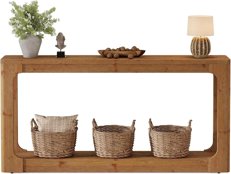 Console en bois massif de 160 cm avec rangement à 2 niveaux, Table d'entrée rustique marron de style campagnard pour couloir, entrée et salon
