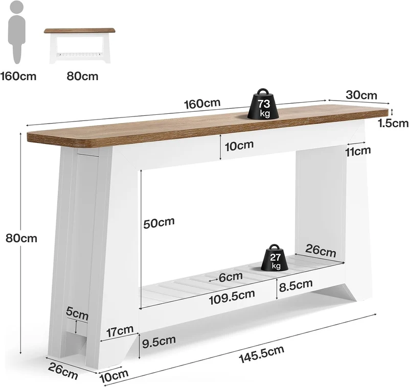 Tribesigns Console 160 cm avec rangement, style rustique moderne, Table blanche à placer derrière un canapé avec étagère à lattes ouverte dans le compartiment inférieur