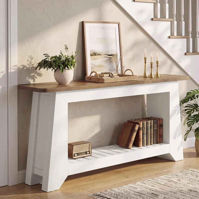 Tribesigns Console 160 cm avec rangement, style rustique moderne, Table blanche à placer derrière un canapé avec étagère à lattes ouverte dans le compartiment inférieur