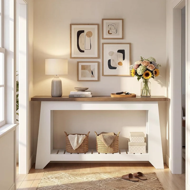 Tribesigns Console 160 cm avec rangement, style rustique moderne, Table blanche à placer derrière un canapé avec étagère à lattes ouverte dans le compartiment inférieur