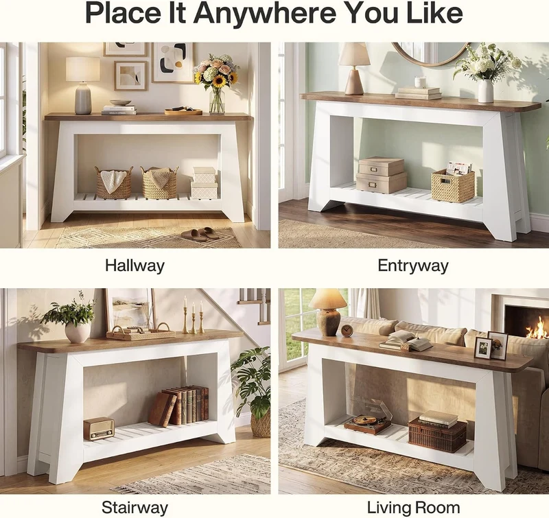 Tribesigns Console 160 cm avec rangement, style rustique moderne, Table blanche à placer derrière un canapé avec étagère à lattes ouverte dans le compartiment inférieur