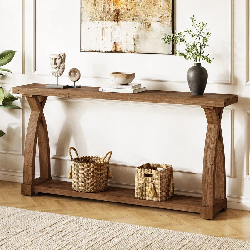 Tribesigns Console en bois massif de 160 x 30 cm avec étagère de rangement à 2 niveaux, Table d'appoint étroite à placer derrière le canapé