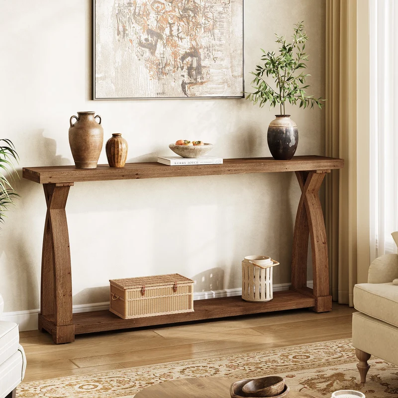 Tribesigns Console en bois massif de 160 x 30 cm avec étagère de rangement à 2 niveaux, Table d'appoint étroite à placer derrière le canapé