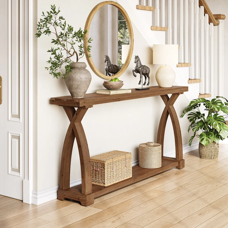 Tribesigns Console en bois massif de 160 x 30 cm avec étagère de rangement à 2 niveaux, Table d'appoint étroite à placer derrière le canapé
