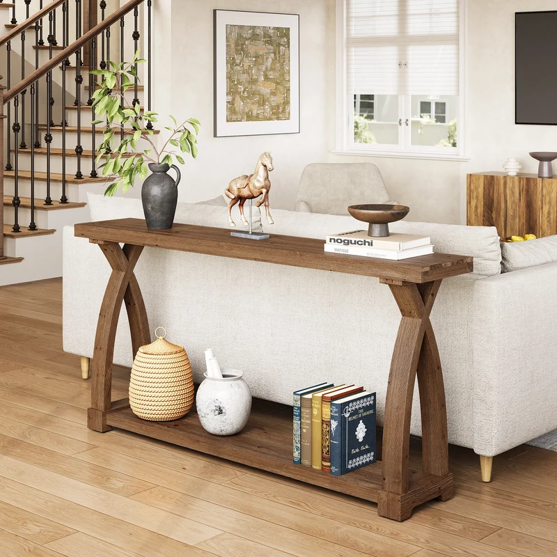 Tribesigns Console en bois massif de 160 x 30 cm avec étagère de rangement à 2 niveaux, Table d'appoint étroite à placer derrière le canapé