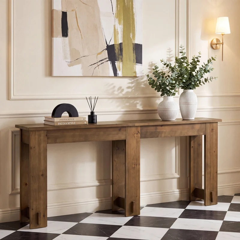 Console en bois massif de 200 cm, Table-banc extra longue en pin à 6 pieds