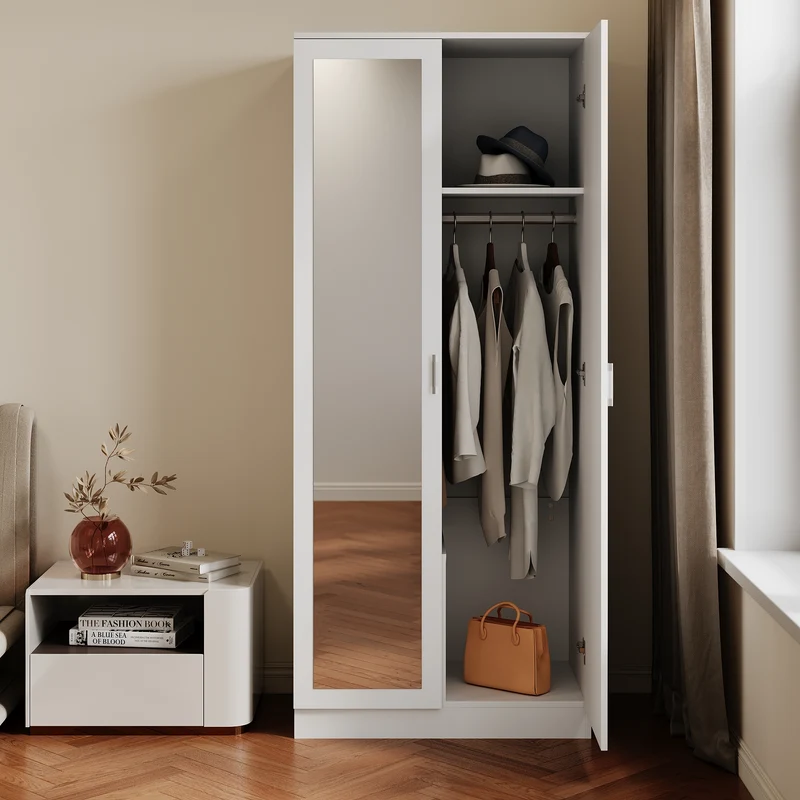 Armoire moderne 2 portes avec beaucoup d'espace de rangement, armoire polyvalente à portes battantes en blanc avec porte miroir, 76 x 47x 180cm