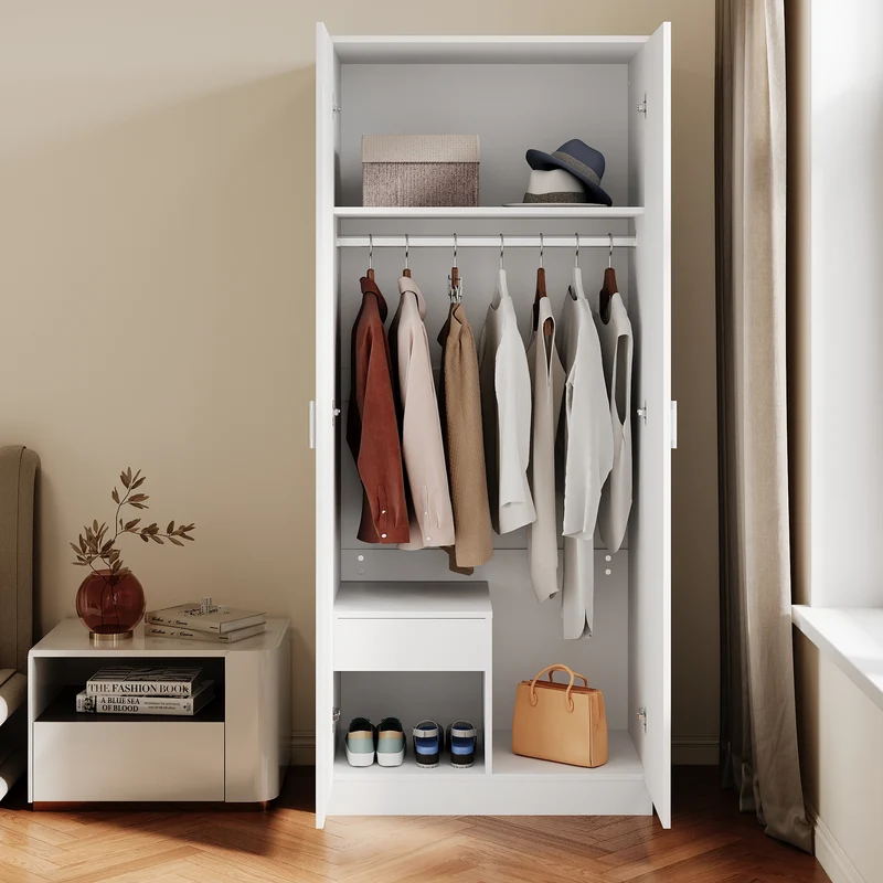 Armoire moderne 2 portes avec beaucoup d'espace de rangement, armoire polyvalente à portes battantes en blanc avec porte miroir, 76 x 47x 180cm